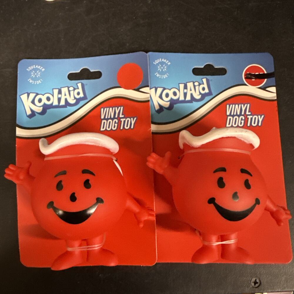 2 Kool-Aid Man Red Squeaky Vinyl Dog Toys Squeaker Plastic Chew Toy NEW